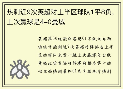 热刺近9次英超对上半区球队1平8负，上次赢球是4-0曼城